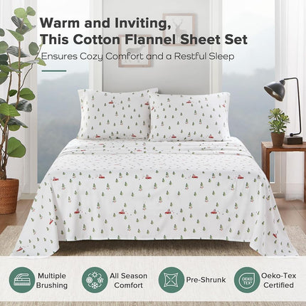 Woolrich Cotton Sheet Set Cottage Charms Print, 100% Cotton Flannel Sheets Warm & Fuzzy Bedding Set Twin Size Sheets, Fitted Pocket Fits Up to 12" Mattress, Twin Green Tree Trip 3 Piece
