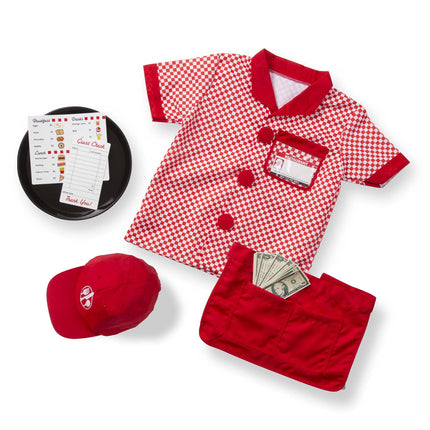 Melissa & Doug Set de disfraz de camarero para juego de rol – Incluye camisa, delantal, gorra, etiqueta de nombre y más – Juego de disfraces de personajes (set de 8 piezas) – Artículo #148009