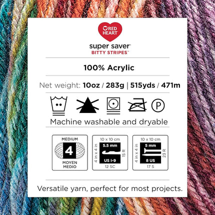 Red Heart Super Saver Bitty Stripe Rainbow Mist Yarn - 2 Pack of 10oz/283g - 100% Acrylic - #4 Worsted (Medium) - 515 Yards - Knitting/Crochet