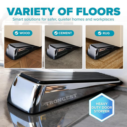 Strongest Home Door Stopper, Set of 10 Heavy Duty Door Stop Wedge Made of Premium Quality Zinc and Rubber Suits Any Door, Any Floor - Plus 10 Self Adhesive Wall Protectors (Black Silver)