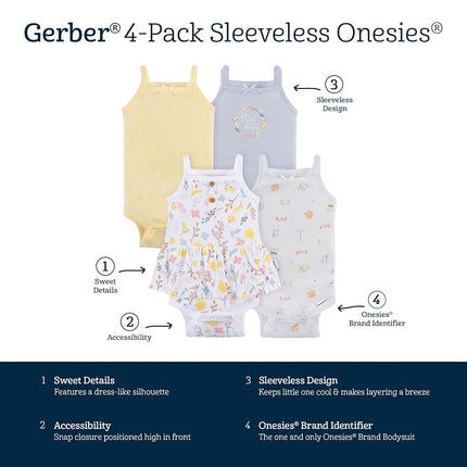 Gerber Baby Girls Multi-pack Sleeveless Onesies Bodysuit, White Floral, 0-3 Months