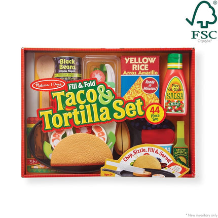 Melissa & Doug Fill & Fold Taco & Tortilla Set, 43 Pieces � Sliceable Wooden Mexican Play Food, Skillet, and More - FSC CertifiedTaco Play Food Set, Pretend Kitchen Toy for Kids Ages 3+