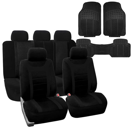 FH GROUP FH-FB070115 Juego completo de fundas para asientos de coche de tela deportiva, color negro sólido, compatible con airbags y banco dividido con alfombrillas de vinilo F11306 - Compatible con la mayoría de coches, camiones, SUV o furgonetas.