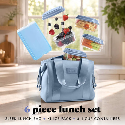 Fit & Fresh Remi Lunch Bag for Women Work – Neoprene Lunch Tote with Containers & Ice Pack, Reusable Meal Prep Lunch Box, Large Capacity, Machine Washable, Slate