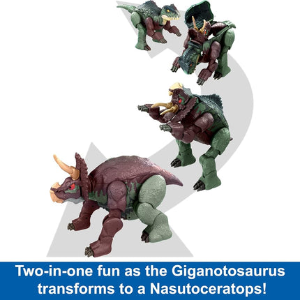 Jurassic World Transforming Dinosaur Toy, Giganotosaurus to Nasutoceratops, Massive Stretch Fierce Changers 16-Step 2 in 1 Figure