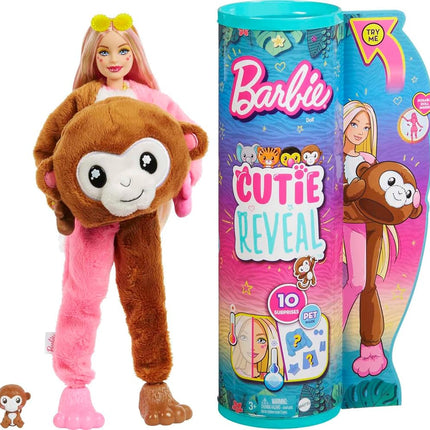 Barbie Dolls and Accessories, Cutie Reveal Doll with Monkey Plush Costume & 10 Surprises Including Color Change, Jungle Series