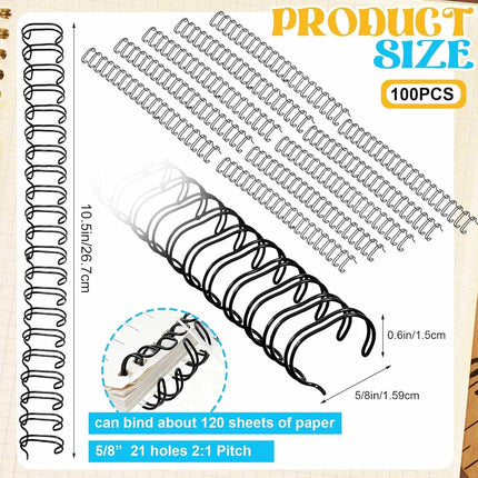 MorningRo 100 Pcs Metal Double Loop Binding Wires 5/8 Bulk Cinch Binding Wires Double Spiral Ring Coil Black Colors Twin Spines Combs 21 Holes 2: 1 Pitch Cinch Coil Machine Wire