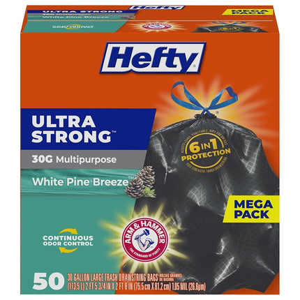 Hefty Ultra Strong Multipurpose Large Trash Bags, Black, White Pine Breeze Scent, 30 Gallon, 50 Count