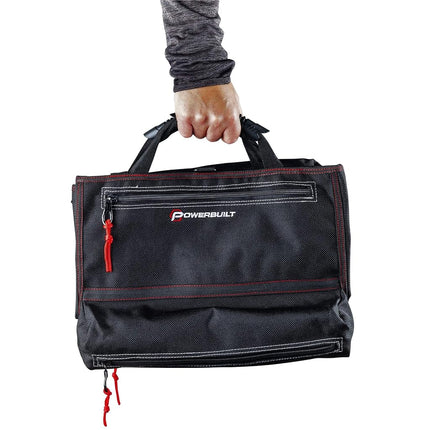 Powerbuilt Pro Tool Bag Roll Organizer, Portable, Great for Off-Road, Heavy Duty 1200D Polyester, 18-1/2 in. x 15 in. Open Size, Hanging Strap, Carry Handle, 5 Zipper Pockets, 14 Wrench Slots