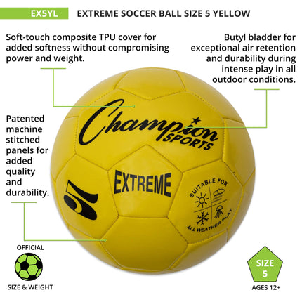 Champion Sports Extreme Series Soccer Ball Regulation Size 5 - Collegiate, Professional, and League Standard Kick Balls - All Weather, Soft Touch, Maximum Air Retention - For Adults, Teenagers, Yellow