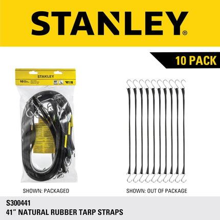 STANLEY S300441 Black 41" All-Weather Rubber Bungee Cords with S-Hooks for Securing Tarps, Flatbed Hauler and Boat Covers, Storage, and Cargo, 10 Pack