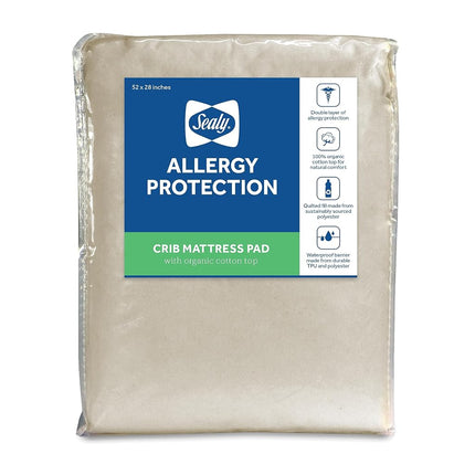 Sealy Cubrecolchón Impermeable y Refrescante de Algodón Orgánico, Ajustable para Cama de Niño Pequeño y Cuna de Bebé, Silencioso, Lavable a Máquina y Apto para Secadora, 52" x 28" - Blanco