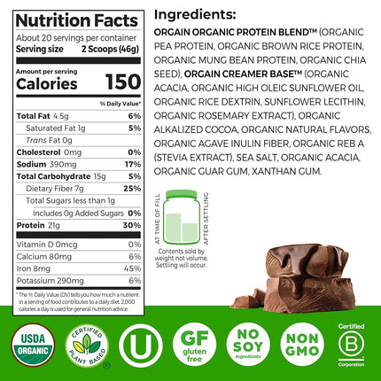 Orgain Organic Vegan Protein Powder, Creamy Chocolate Fudge - 21g of Plant Based Protein, Low Net Carbs, Non Dairy, Gluten Free, No Sugar Added, Soy Free, Kosher, Non-GMO, 2.03 Lb (Packaging May Vary)