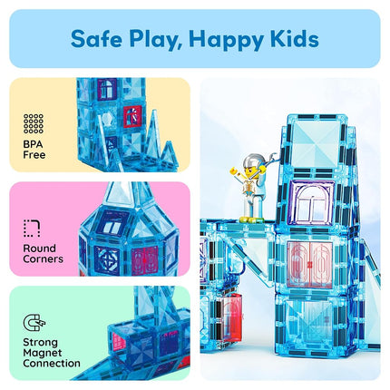 PicassoTiles 71pc Mini Diamond Series Winter Ice Theme Magnetic Tile Building Blocks 2 Character Action Figures Travel Size On-The-Go Magnet Construction Toy Set STEM Development Kit Ages 3+ PTM71