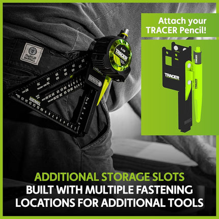 Tracer Set Square and Tape Holder – Speed Square and Tape Measure Holder with Additional Slots for Markers and Belt Clip for 2" Belts.