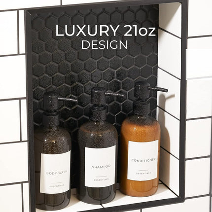Stylish Shampoo and Conditioner Dispenser Set of 3 - Modern 21oz Shower Soap Bottles with Pump and Labels - Easy to Refill Body Wash Dispensers for an Instant Bathroom Decor Upgrade