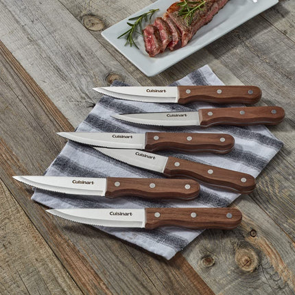 CUISINART Advantage 6 Piece Triple Rivet Walnut Steak Knife Set, C55W-S6STK, Brown