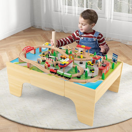 INFANS Train Table, 84 Pieces Wooden Kids Activity Toy Table Playset with Reversible Detachable Tabletop, Tracks, Train, Railway, City for Toddler Boys Girls