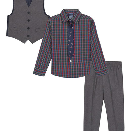 Ensemble 4 pièces IZOD pour garçons avec chemise habillée à col, cravate, gilet et pantalon, hématite/carreaux de fêtes, 4
