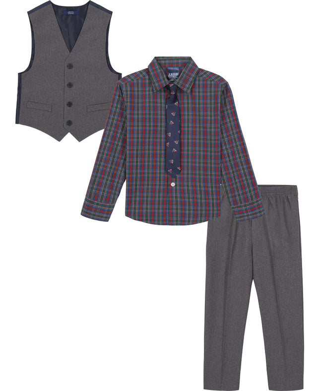IZOD Boys' 4-Piece Set with Collared Dress Shirt, Tie, Vest, and Pants, Hematite/Holiday Plaid, 4