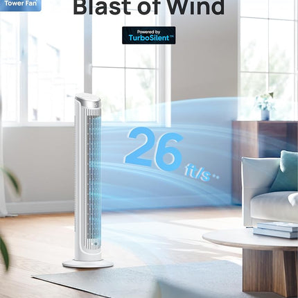 Dreo Tower Fans for Bedroom, 90� Oscillating Fans for indoors, 4 Modes 5 Speeds Max 26ft/s, 12H Timer, LED Display with Touch, Remote, 40" Quiet Bladeless Standing Floor Fan for Home Office, White