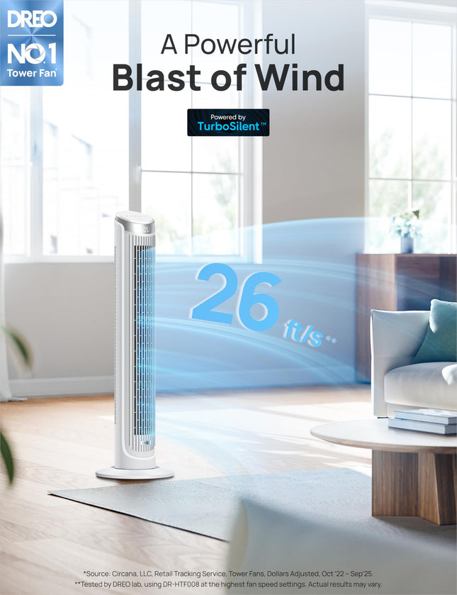 Dreo Tower Fans for Bedroom, 90� Oscillating Fans for indoors, 4 Modes 5 Speeds Max 26ft/s, 12H Timer, LED Display with Touch, Remote, 40" Quiet Bladeless Standing Floor Fan for Home Office, White
