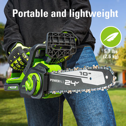 Motosierra compacta inalámbrica Greenworks 24V 10" (ideal para la limpieza de tormentas, la poda y la leña), batería de 2.0Ah y cargador incluidos