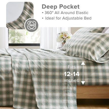 Comfort Spaces 100% Cotton Sheets Twin, Breathable, Naturally Cool Cotton Sheets, Soft Cotton Bed Sheets with 12" Elastic Pocket Fits up to 14" Mattress, All Seasons Sheet Set, Wesley Green 3 Piece