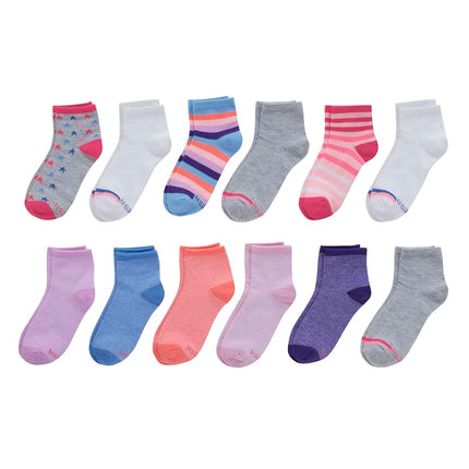 Hanes Calcetines Tobilleros de Moda para Niñas, Calcetines Suaves Estampados, Paquete de 12, Gris/Azul/Rosa/Lavanda, Grande