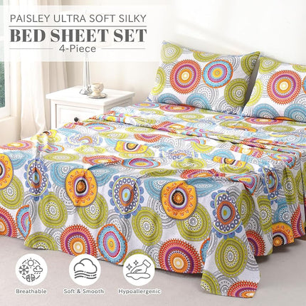 Bedlifes King Sheet Set Printed Sheets Ultra Soft Patterned Sheet Set Deep Pocket Flat Sheet& Fitted Sheet& Pillowcases 100% Microfiber 4 Piece King Size Multicolor Mandala