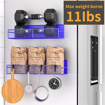 Magnetic Spice Rack for Refrigerator, 2 Pack 100% Metal Strong Magnet Shelf, Space Saving Spice Organizer W/Hooks, Movable Magnetic Fridge Shelf, Kitchen Home Laundry Storage Organization,Purple Blue