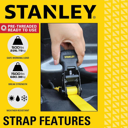 STANLEY S10004-12 Black/Yellow 1" X 12' Ratchet Straps - 500 LBS Safe Working Load / 1,500 LBS Break Strength, 4 Pack