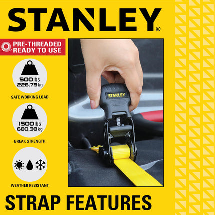STANLEY S10004-12 Black/Yellow 1" X 12' Ratchet Straps - 500 LBS Safe Working Load / 1,500 LBS Break Strength, 4 Pack