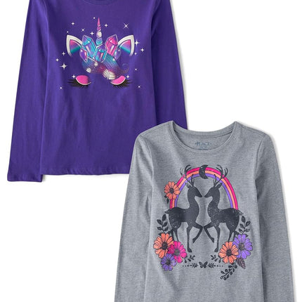 The Children's Place Girls Unicorn Long Sleeve Graphic T-Shirts,Multipacks, Deer/Unicorn Face, Large