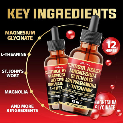 12in1 - Cortisol Supplement Liquid Drops - Cortisol Detox w. Magnesium Glycinate 1000mg, Ashwagandha, L-Theanine, Phosphatidylserine and 8 More Herbals - Hormone Balanced for Women, Mood Focus - 1 Month Supply