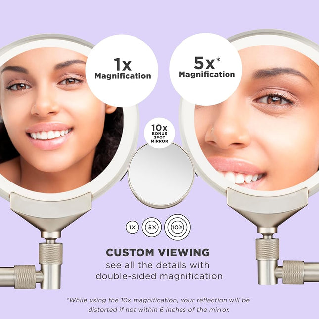 Conair Lighted Makeup Mirror, Wall Mount Bathroom Mirror, LED Vanity Mirror, 1X/5X/10X Magnifying Mirror, Rechargeable in Satin Nickel