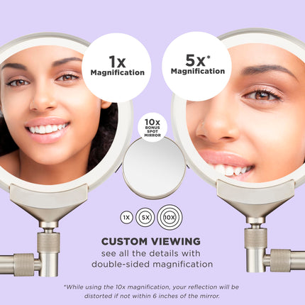 Miroir de maquillage lumineux Conair, miroir de salle de bain mural, miroir de vanité LED, miroir grossissant 1X/5X/10X, rechargeable en nickel satiné