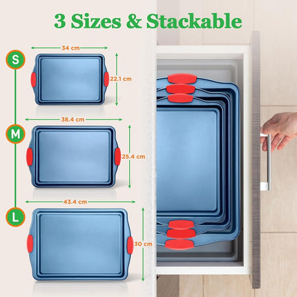 NutriChef, Bakeware Set, Baking Sheets, Cookie Sheets, Sheet Pan, Baking Tray, Nonstick, Blue Carbon Steel Baking Set, Professional Kitchen Oven Trays, Roasting Pans, 3 pc.