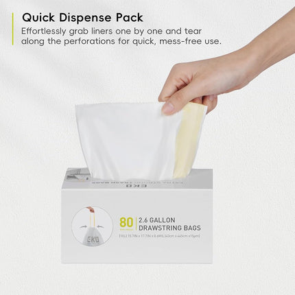 EKO Easy-Dispense Roll 80 Count Extra-Strong Drawstring Small Trash Bag, 2.6 Gallon Trash Bag (7-10L) 1 Pack White, Code B