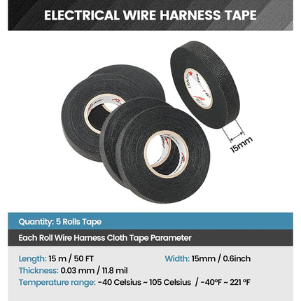 RED Wolf Wiring Harness Cloth Tape High Temp Self-Adhesive Fabric Tape for Automobile Electrical Harness Wrap Noise Damping Protection Insulation Cable Fixed Black, 5 Rolls 3/5 Inch x 50FT