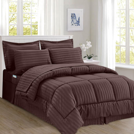 Elegant Comfort Silky Soft 8-Piece Dobby Stripe Bed-in-a-Bag Comforter Set, Includes 4pc Smart Sheet Set, Bed Skirt, Comforter, Matching Pillowcases and Shams - Twin/Twin XL, Chocolate Brown