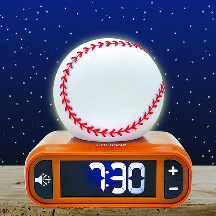 LEXiBOOK Baseball Nightlight Alarm Clock, Sounds and Melodies, LCD Backlit Screen, Luminous, Snooze, Brown/White