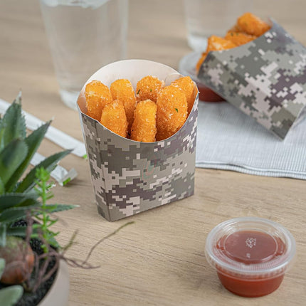 Bio Tek 4.5 x 3.2 x 3.9 Inch French Fry Cup, 100 Disposable Snack Cups - Stackable, Sustainable, Camouflage Paper 3 Ounce Fry Holder, for Fries, Onion Rings, Popcorn, or Cookies - Restaurantware