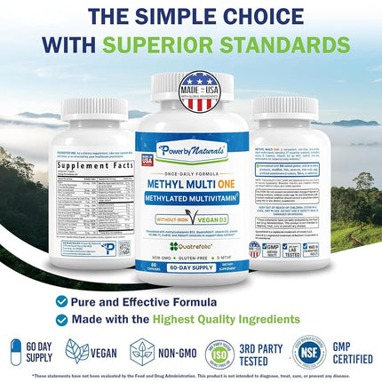 Power By Naturals Methyl Multi One – Iron-Free Methylated Multivitamin with 5-MTHF, Methyl B12 & CoQ10 – Methylation Support for Men & Women – Vegan, Non-GMO – 60 Capsules (2-Month Supply)