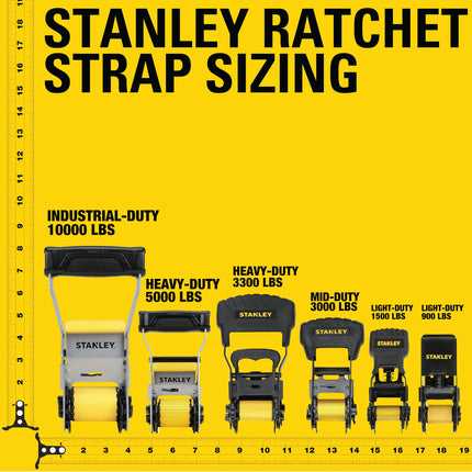 STANLEY S50002 Black/Yellow 1.5" x 16' Heavy-Duty Ratchet Straps (5,000 lb Break Strength), 2 Pack