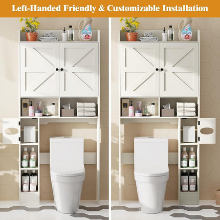 Vipbear Meuble de Rangement Autoportant en Bois au-Dessus des Toilettes avec 2 Portes Coulissantes, Porte-Papier Toilette, Dispositif Anti-Basculement et Étagère Réglable, Idéal pour Salle de Bain, Toilettes et Buanderie