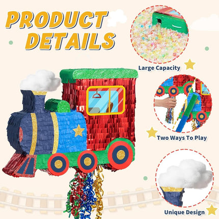 WERNNSAI Train Piñata - Train Themed Piñata with Pull String, Stick and Blindfold, for Birthday Decorations Party Supplies Carnivals Games Supplies (16.5"x12.4"x3")