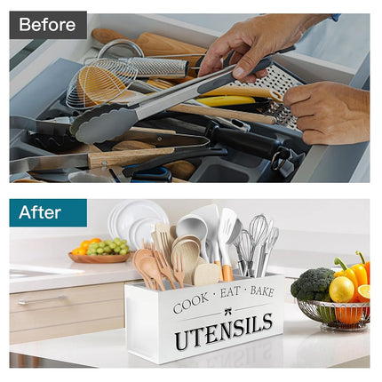 Suli Extra Large Kitchen Utensils Holder with 4 Compartments, Wooden Utensil Organizer for Countertop, Farmhouse Kitchen Decor, Rustic Cooking Utensil - White