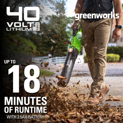 Soplador de hojas axial inalámbrico Greenworks de 40 V (120 MPH / 500 CFM / más de 75 herramientas compatibles), batería de 2.5 Ah y cargador incluidos