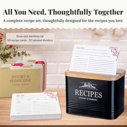 noonberry Vintage 4x6 Metal Recipe Box with Cards and Dividers; Bamboo Lid